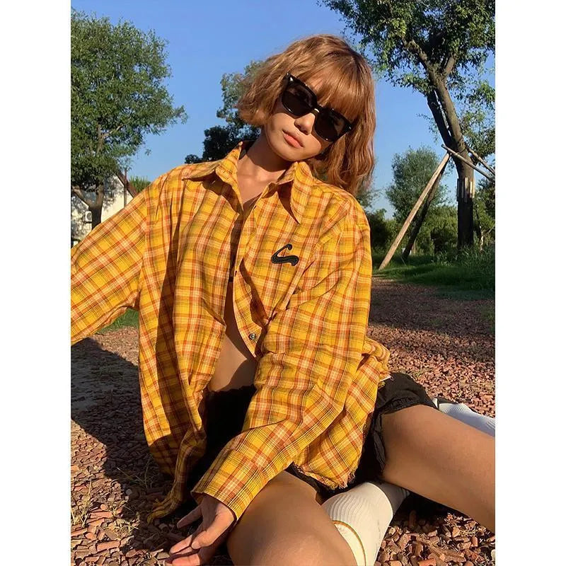 Dopamine yellow plaid shirt with loose cardigan style and polyester blend fabric
