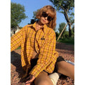 Dopamine yellow plaid shirt with loose cardigan style and polyester blend fabric