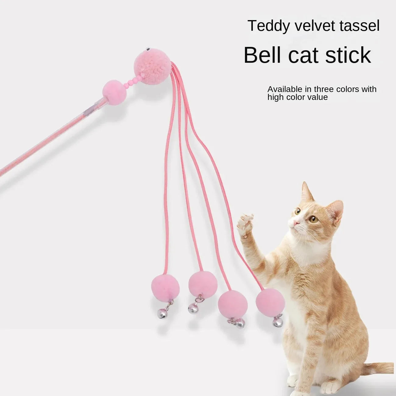 Blue cat toy stick with elastic cord and feather tassel for interactive play