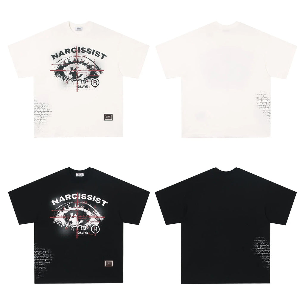 American retro hip hop gothic letter print on a black short sleeve cotton T-shirt.
