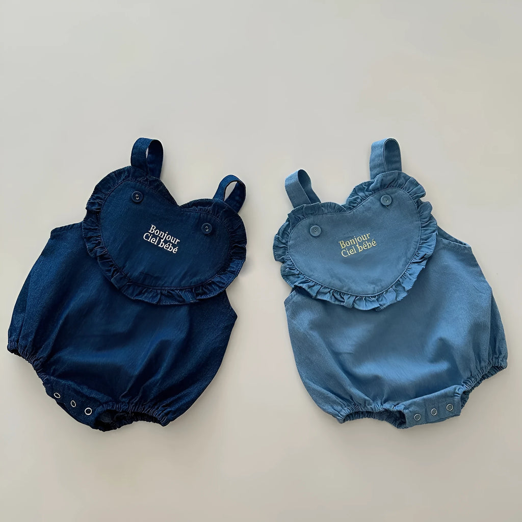 Newborn pure cotton denim triangle romper jumpsuit in dark blue and light blue, sleeveless pullover style, sizes 66-100cm