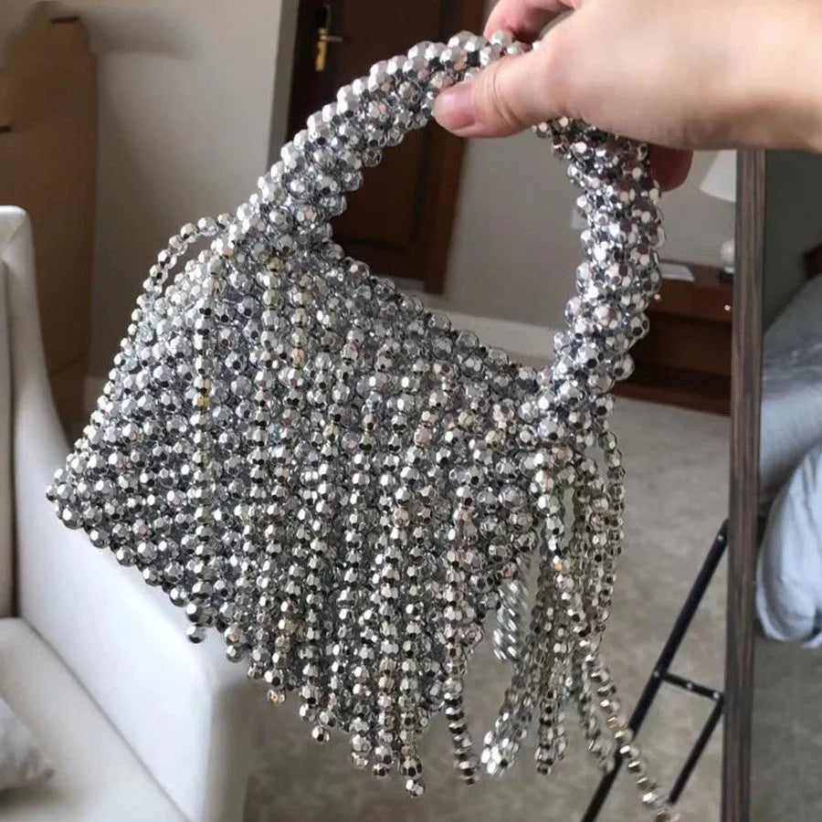 Acrylic tassel handbag for women DIY handmade bucket bag in silver with beaded and hollow details