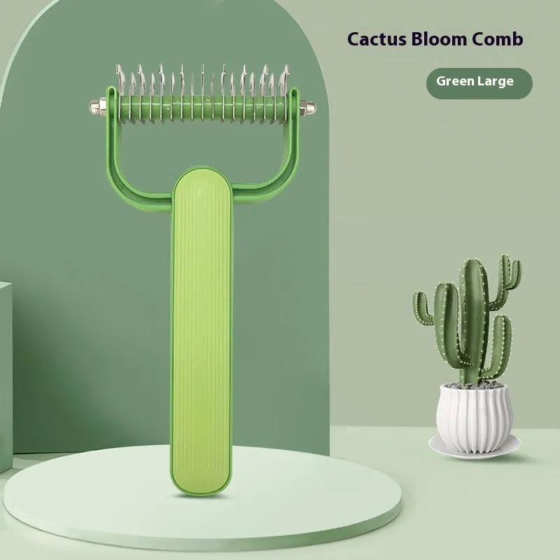 Green plastic and stainless steel dog detangling comb on a grey background.