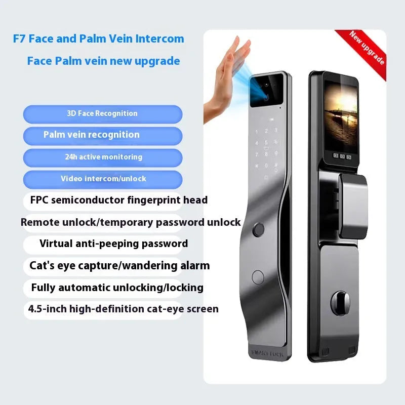 F7 model smart electronic door lock with face recognition camera, fingerprint sensor, and keypad on aluminium alloy panel