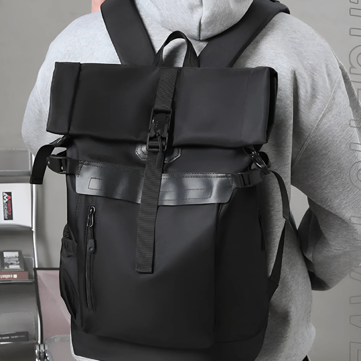 Men's nylon waterproof backpack in solid black for business commute and outdoor travel
