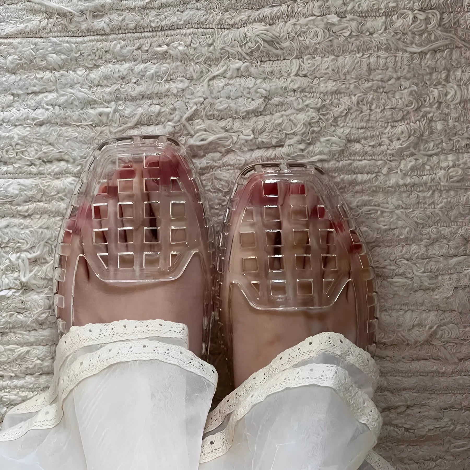 Square toe gel leisure slipper in various colours with transparent and metallic options on a PVC sole.