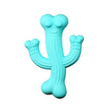Beige, blue, and purple cactus-shaped dog chew toy made from bamboo fibre and rubber, shown in small and large sizes.