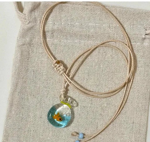 Women's necklace with coloured glaze skirt pendant on cotton linen clavicle chain