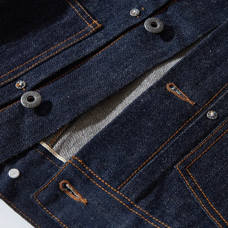 Men's raw pulp colour Japanese-style loose cotton jacket with red edge detailing and patch pockets