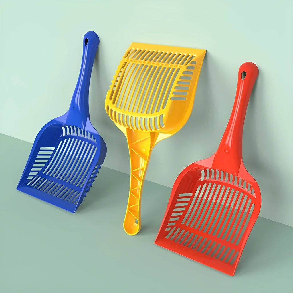 PP plastic cat litter scoop in red, yellow, or blue colour options showing small and medium size comparisons