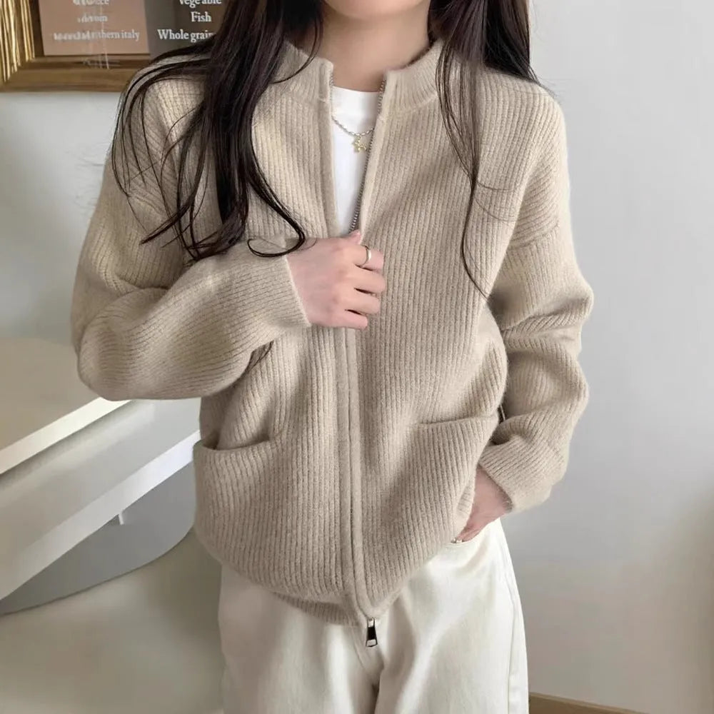 Beige viscose fibre sweater coat with long sleeves cardigan styling