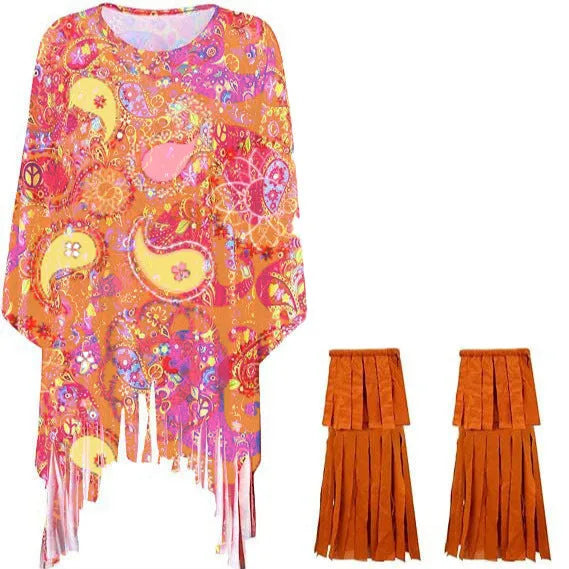 Tie dye patterned sleeveless cloak costume in rainbow colours for Halloween parties.