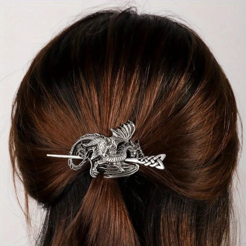 Retro Viking dragon hairpin in silver, U-shaped alloy headdress for women