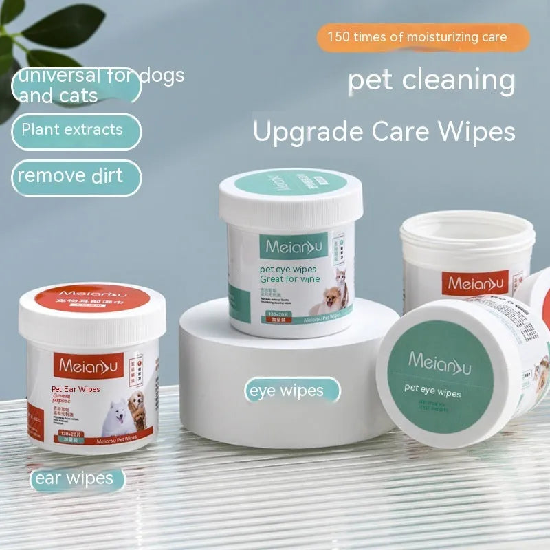 Box of pet ear and eye cleaning wipes with non-woven fabric, available in 130 or 150 pieces