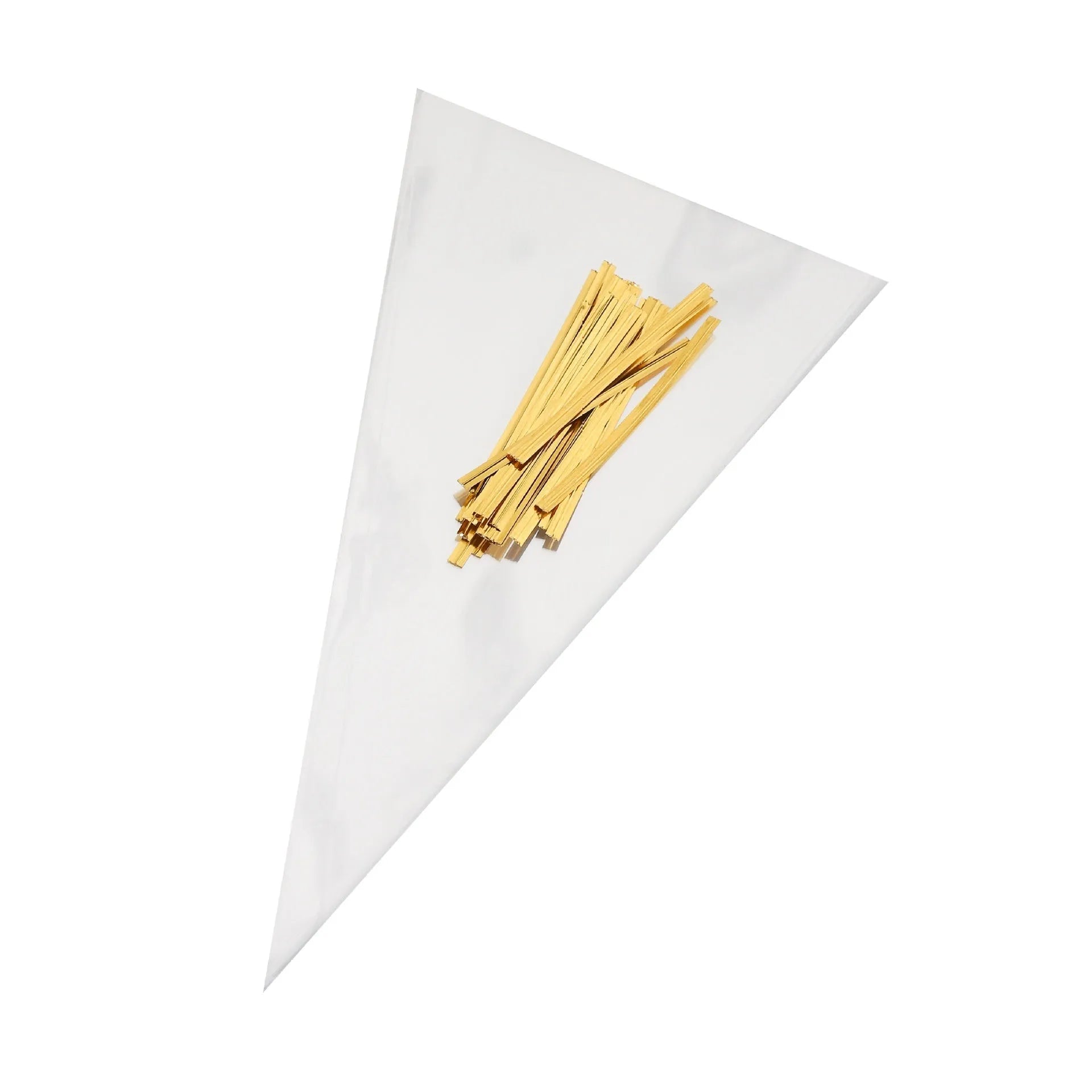 Transparent triangle-shaped plastic packaging bag with a metal tie wire attached for closure.