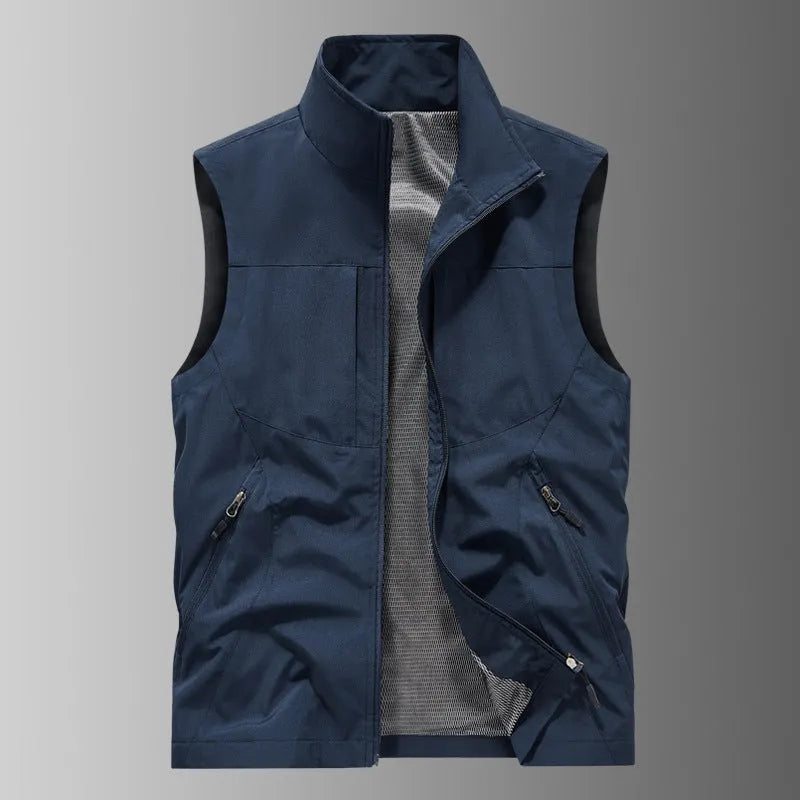 Men's casual stand collar printed vest in army green polyester loose fit