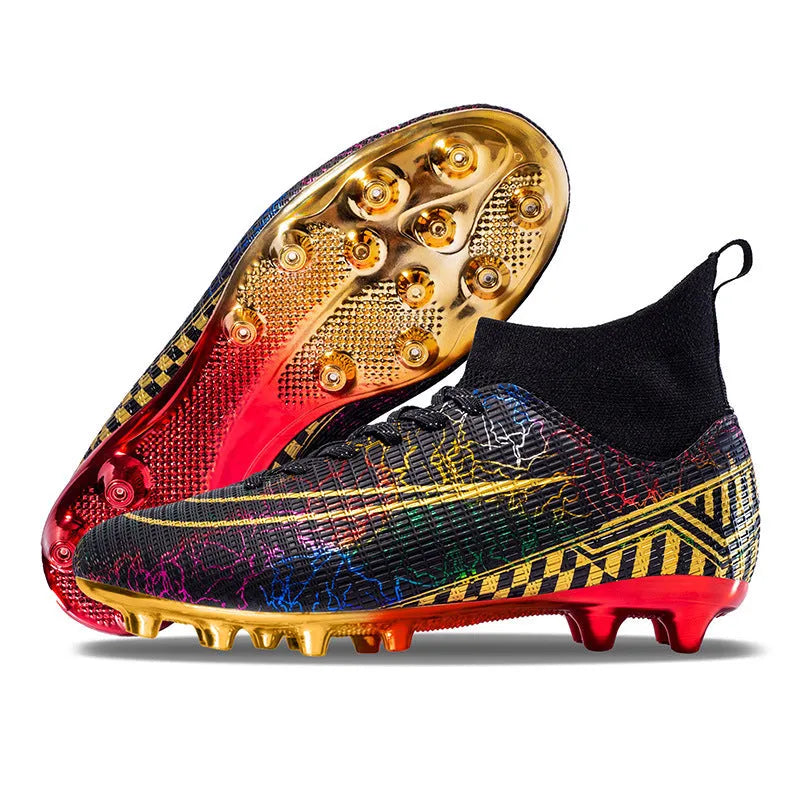 High-top football training shoes in mandarin duck colour with gold-plated PVC sole and lace-up closure