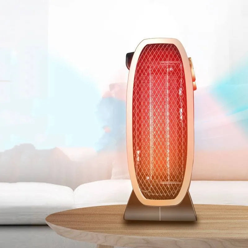 White and black gold electric fan heater with mechanical control dials on the front.