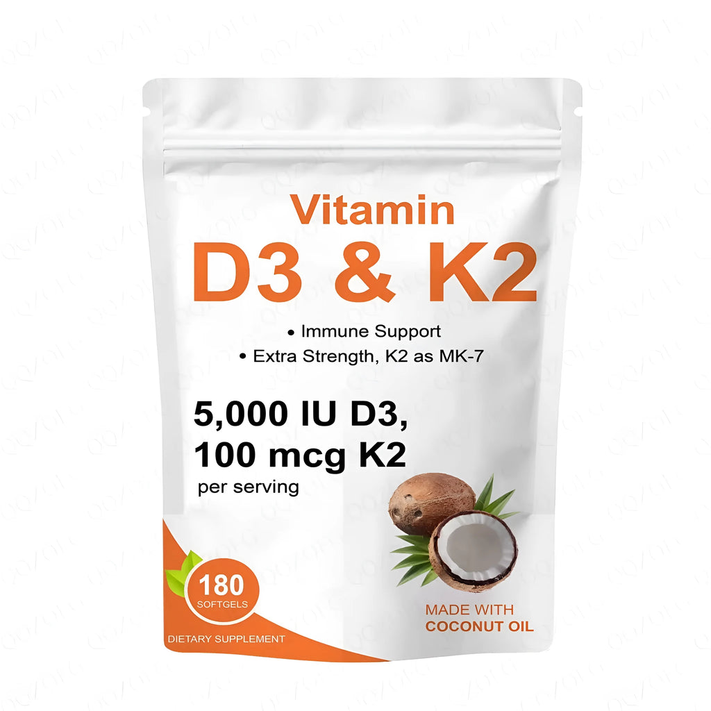 Vitamin D3 K2 softgels 5000 IU with coconut oil in a 180-count bottle, oval 2 cm softgels for easy swallowing