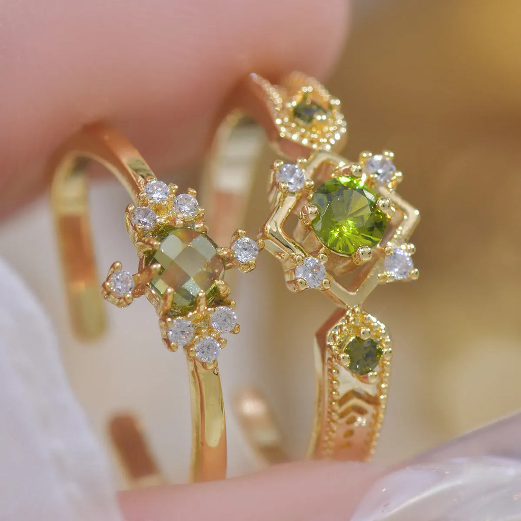 French style geometric open mouth ring with copper band and zircon stones in olive green or purple options