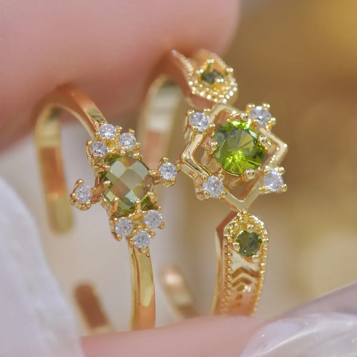 French style geometric open mouth ring with copper band and zircon stones in olive green or purple options