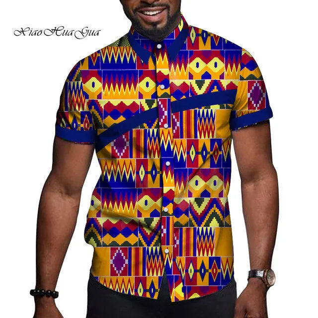 African men cotton printed short sleeve lapel t shirt with colourblock design, available in multiple colours