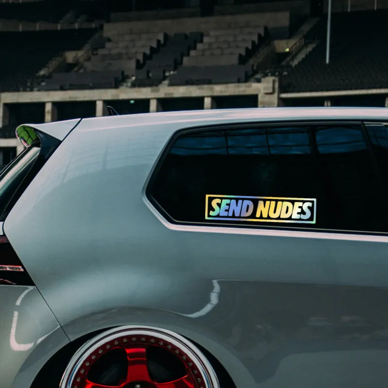 20cm by 5cm automobile vinyl sticker shown in reflective white, seven-colour laser, and black options.