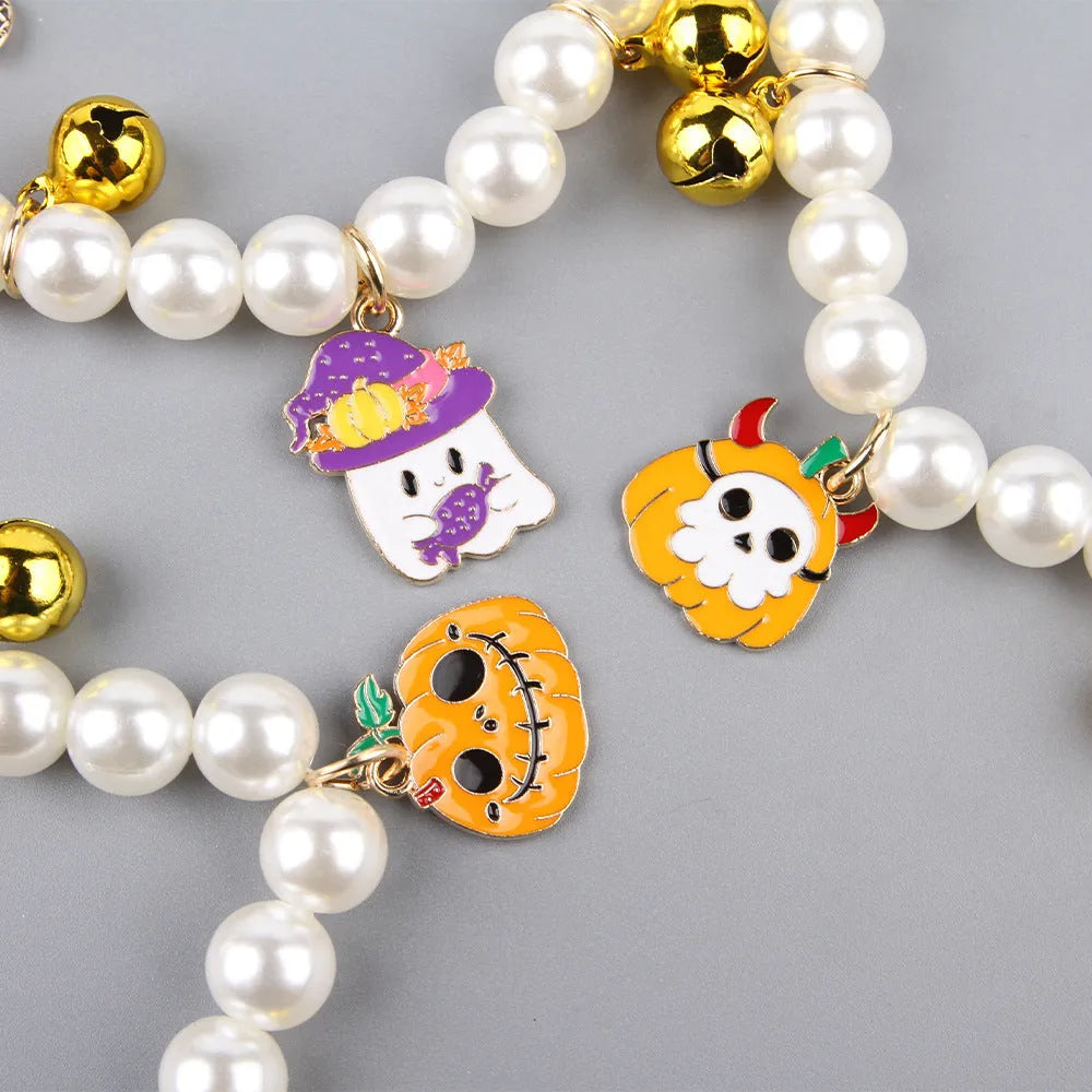 Halloween cat collar with simulated pearl necklace design showing pumpkin pattern variations