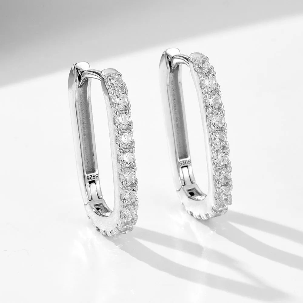 S925 sterling silver oval zircon ear clips with geometric design in white finish