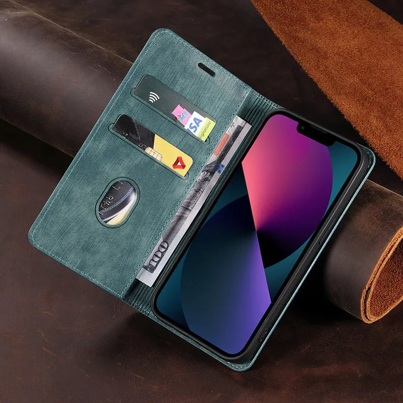 Magnetic flip phone case for iPhone in a solid colour, showing TPU frame and leather cover.