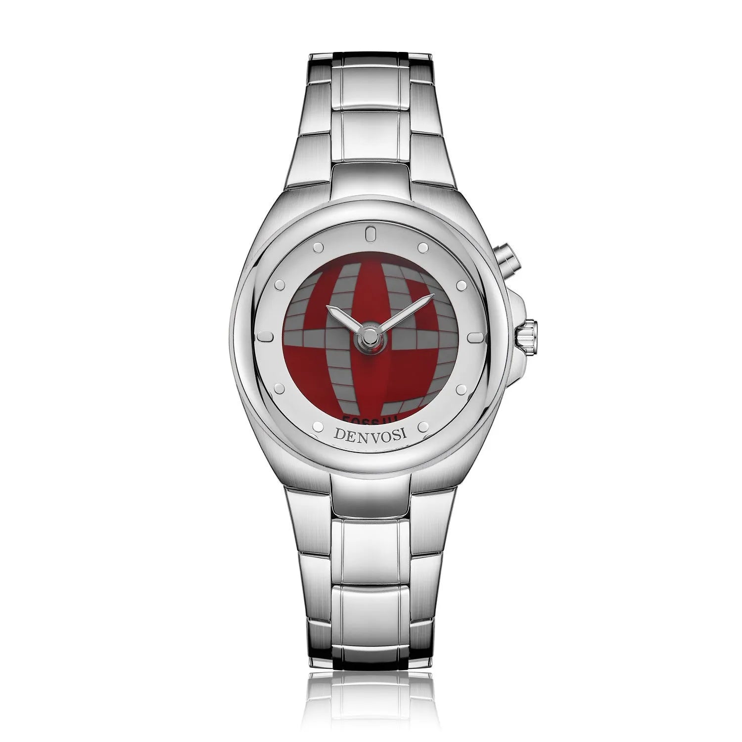 Y2K vintage style digital watch with dual display showing red dial and alloy strap with stainless steel buckle