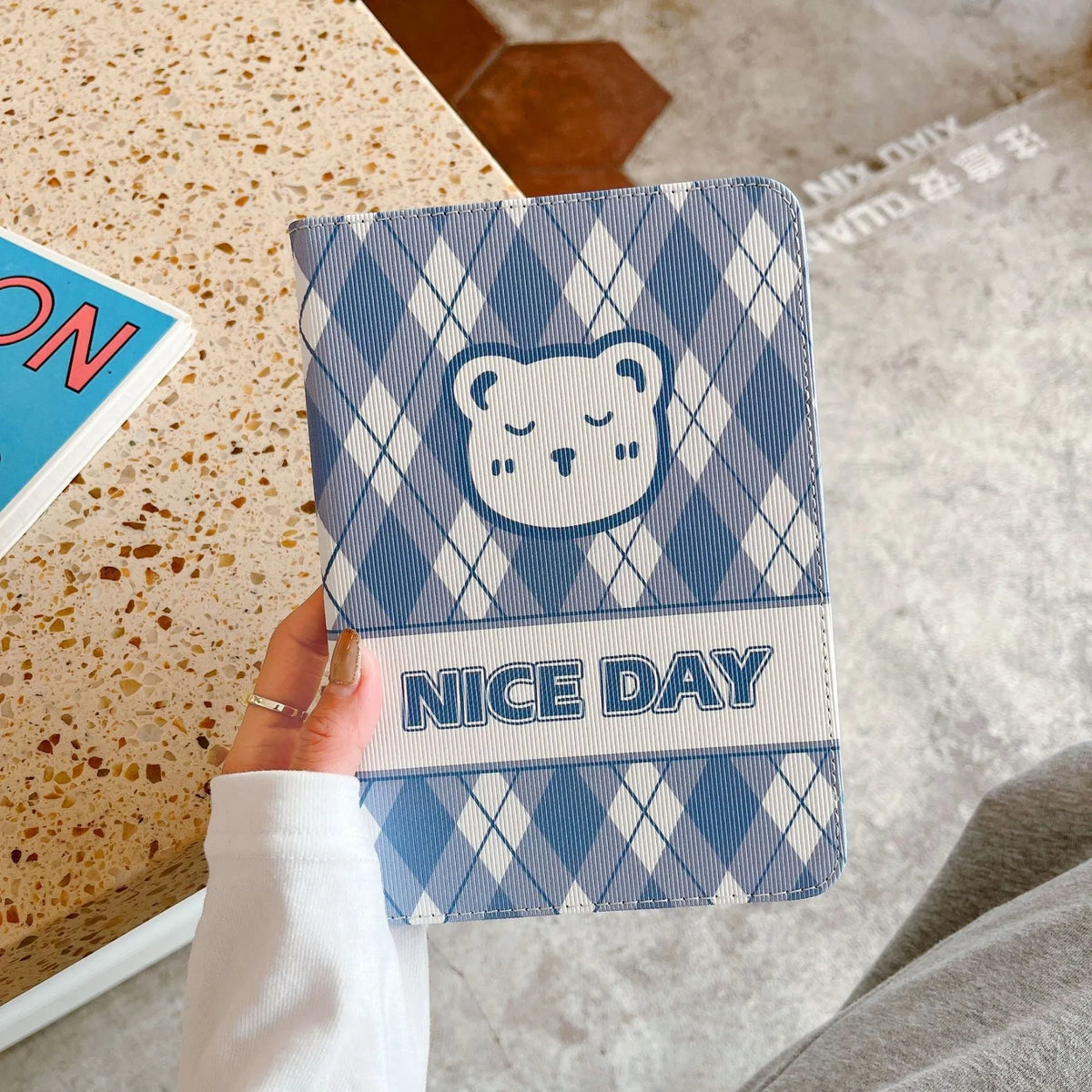 Cartoon silicone TPU flip case for iPad with plaid bear design, compatible with Air Mini Pro models