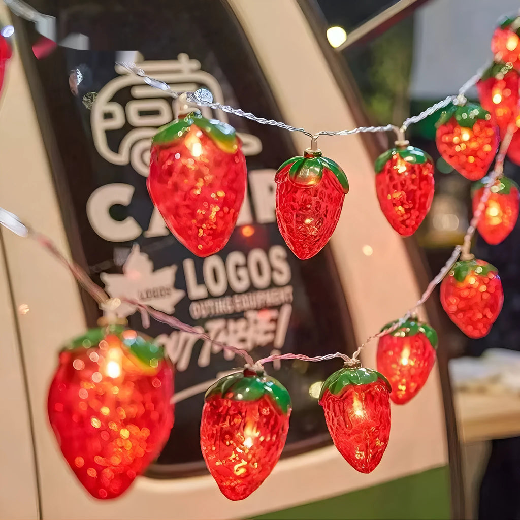 Strawberry LED fairy lights in warm colour on a outdoor string with IP66 protection