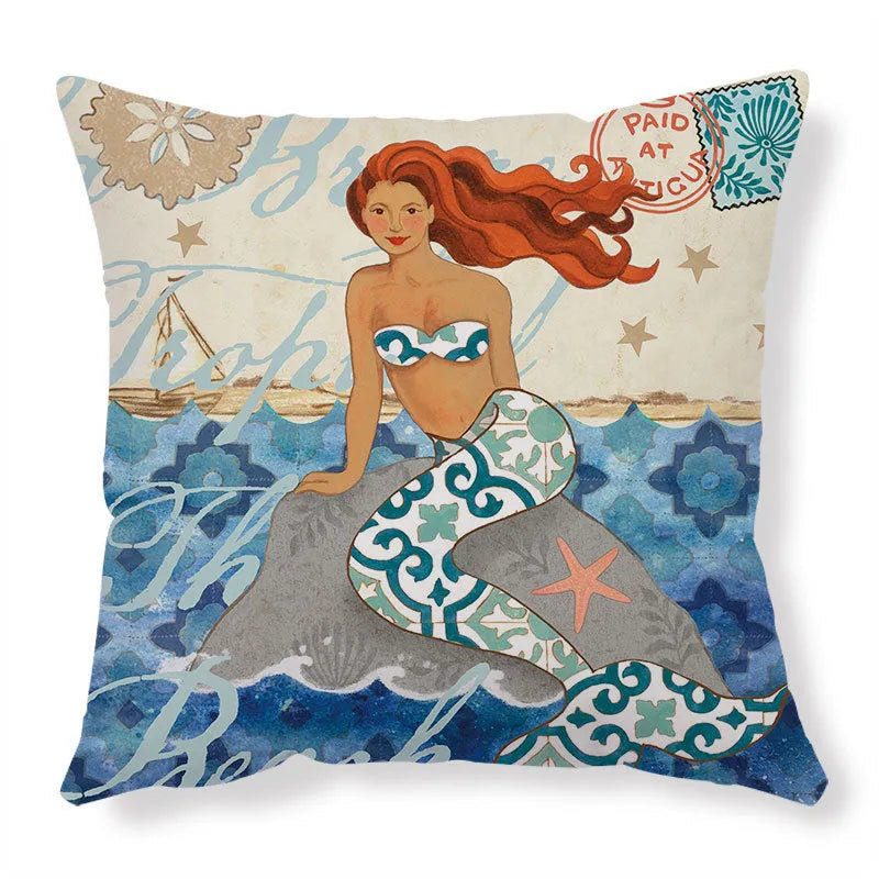 Square linen cushion cover with a detailed blue and green sea turtle print, showing the invisible zipper closure.