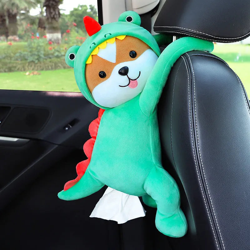Soft plush car seat back tissue box holder with cute animal design