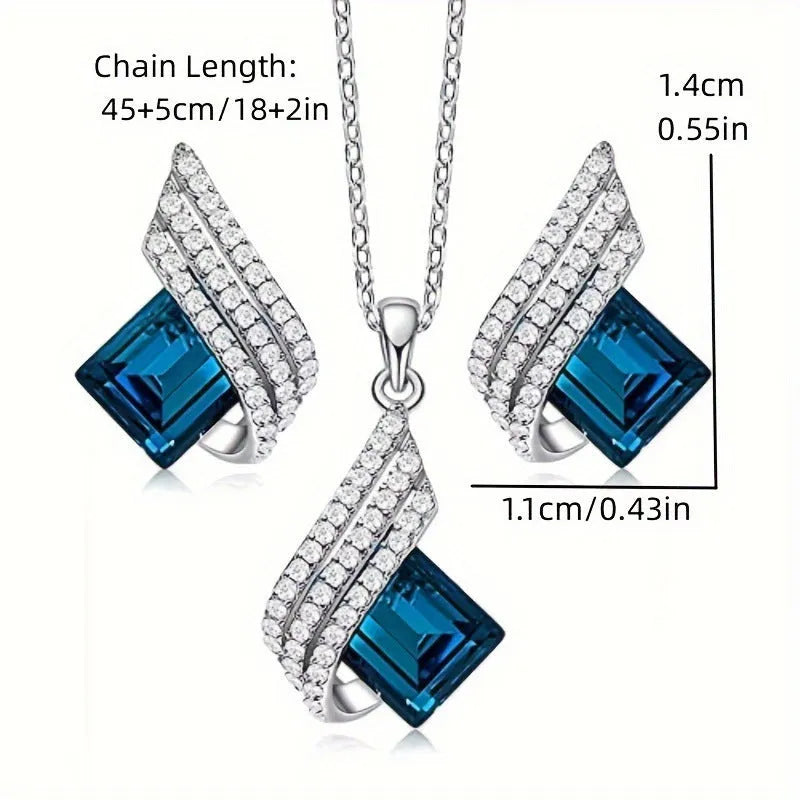 Glass pendant necklace and matching ear stud set with electroplated finish and cross chain style for women