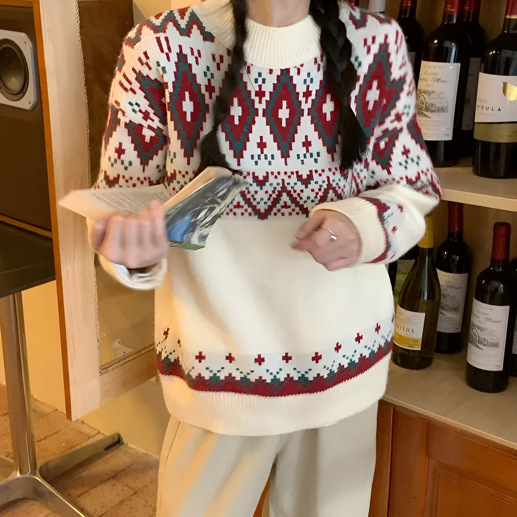 Striped loose retro pullover knitted top in polyester fibre with long sleeves