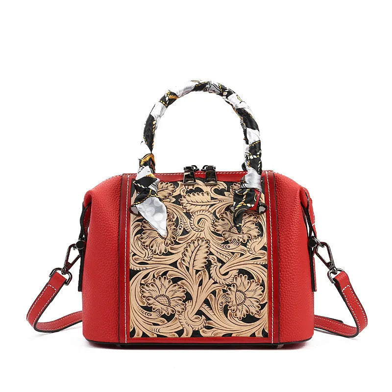 Genuine cowhide leather vintage-style messenger bag in horizontal square shape on a model.