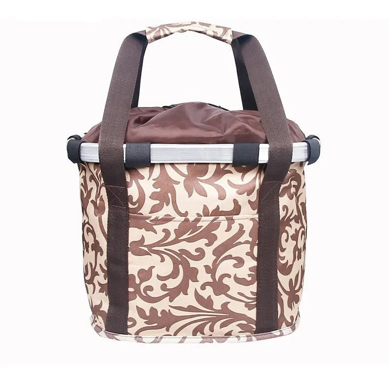 Fashion aluminum alloy folding car basket bag in black and white flowers, Oxford cloth material