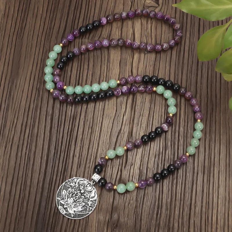 Yoga lotus pendant necklace with handmade stone beads and matching bracelet set
