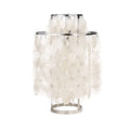 Shell-shaped bedside table lamp in chrome finish measuring 30cm diameter by 46cm tall
