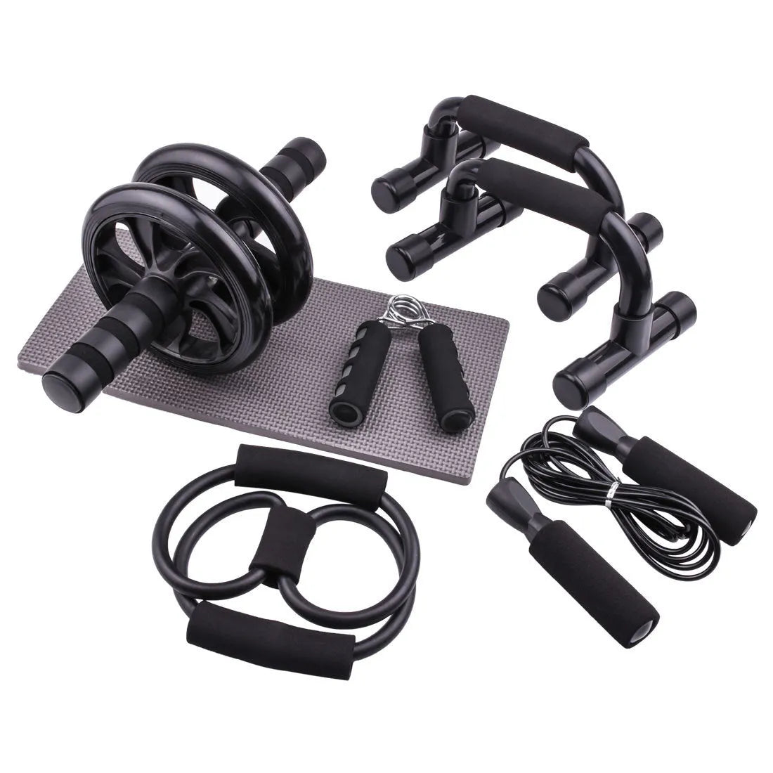 Plastic abdominal wheel set with kneeler mat bracket handle and skipping rope in glossy black
