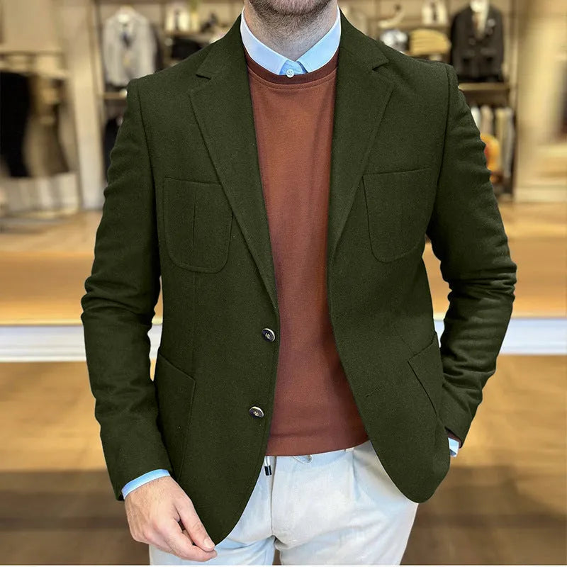 Men's cotton tailored suit jacket in loose retro fit with solid colour design