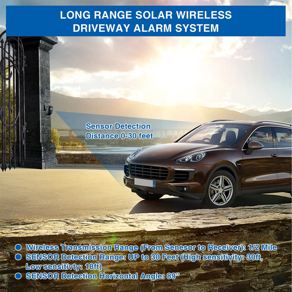 Solar wireless motion sensor alarm with digital display for outdoor driveway detection