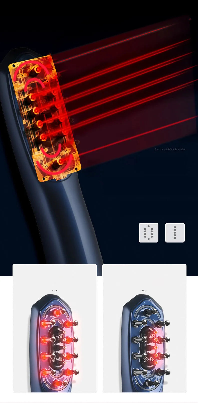 Healthy Comb micro-current radio frequency head massage claw in 3808 white, front view showing push button and magnetic massage claws.