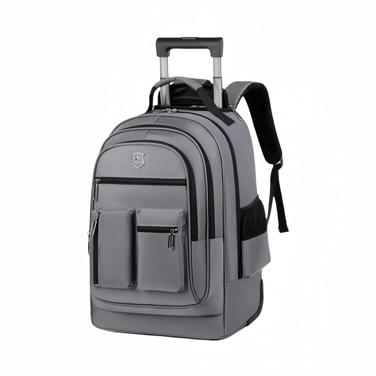 Large capacity multi layer travel backpack with wheels, black colour, standing on a flat surface with telescopic handle extended