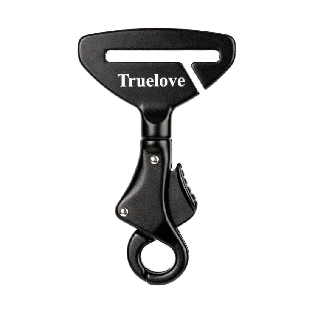 Pet safety buckle made of aluminium alloy, 12.5cm long and 7cm wide, shown in black colour