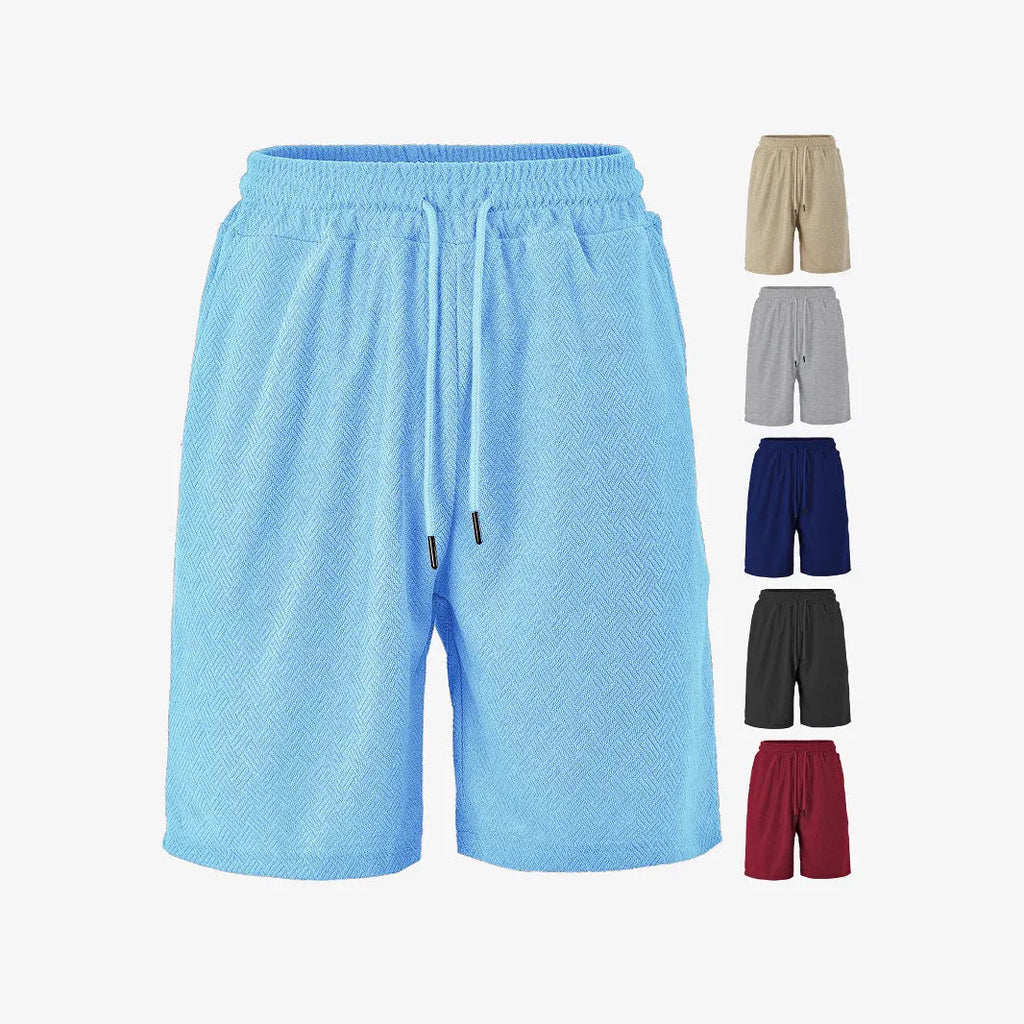 Men's loose fit towel jacquard casual shorts in navy blue, front view