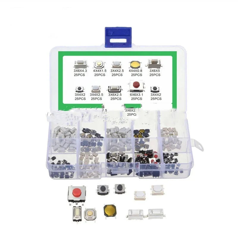 Box containing 250 surface mount tactile push button switches for electronics repair