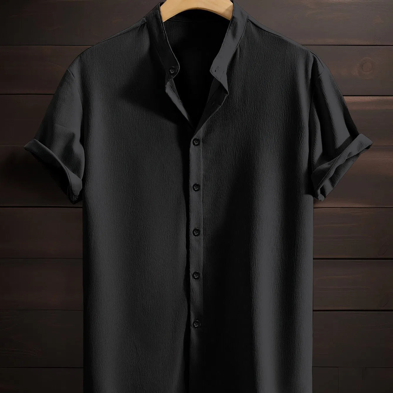 Men's casual breathable polyester stand collar short sleeve shirt in solid colour, loose fit, non-iron